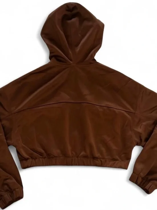 Urban Outfitters Brown Cropped Hooded Jacket with Light Blue Drawstrings - Picture 3 of 6